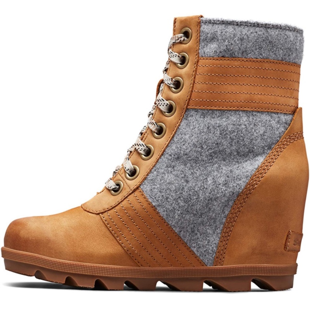 New! Sorel Lexie Wedge Lace Up Waterproof Leather Felt Boot - Camel Brown & Gray - Picture 5 of 11